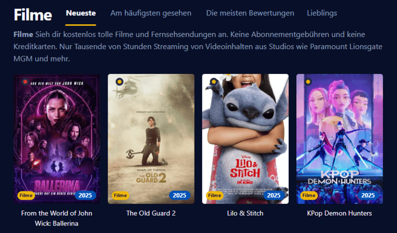 Screenshot der Filmpalast Benutzeroberfläche die diverse Filmtitel und Serienepisoden zeigt